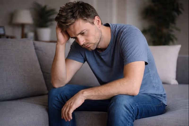 Adult leaning forward and appearing distressed during an intense episode