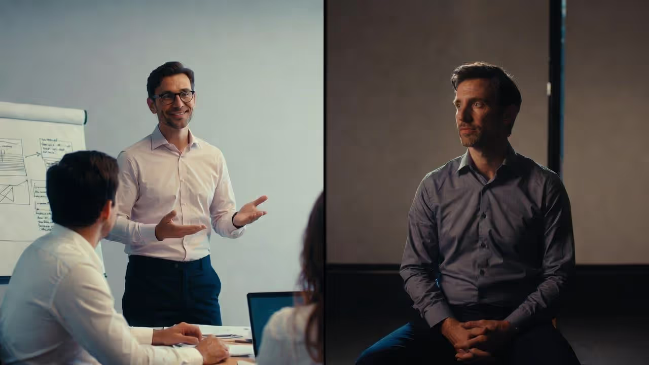 Same person presenting confidently to a group and sitting alone in a private setting
