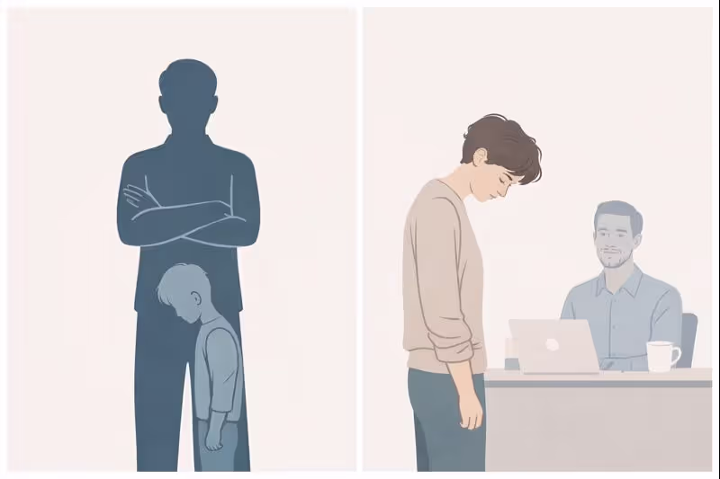 Side-by-side illustration showing a child apologizing to an angry caregiver and the same person as an adult repeating the pattern at work