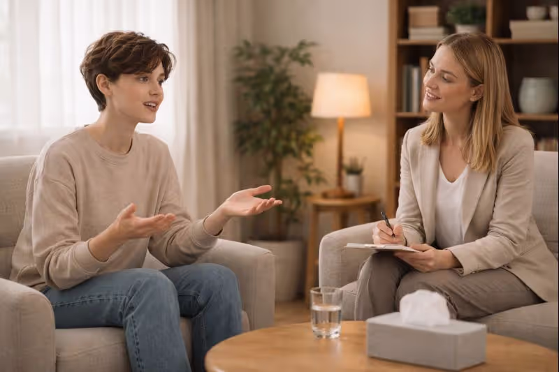 therapy session discussing over-apologizing habits with a therapist in a comfortable office